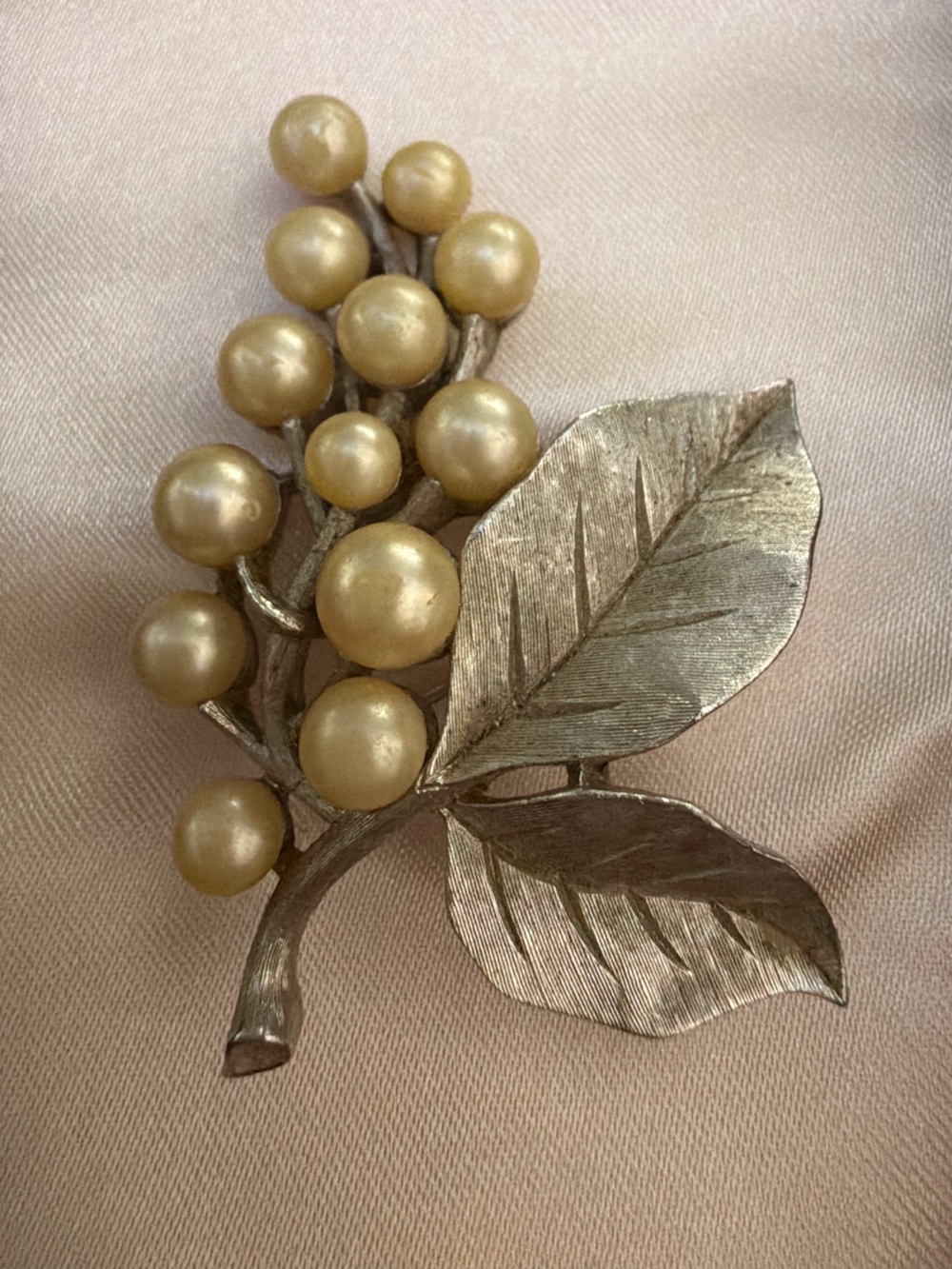 Signed Crown Trifari Silver Faux Pearl Grape Cluster Brooch Pin